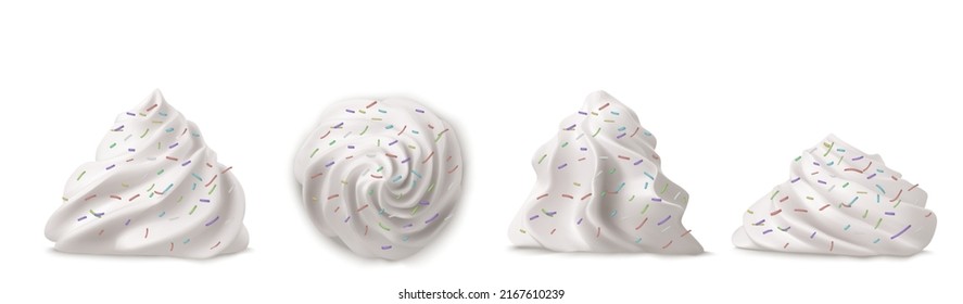 Whipped cream swirl or meringue with sprinkles top side view 3D vector. Custard, butter or vanilla creme for decoration cake, cupcake or muffin, realistic elements set isolated on background