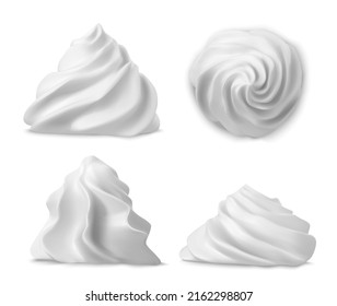 Whipped cream swirl or meringue top side view 3D vector. Custard, butter or vanilla creme for decoration cake, cupcake or muffin, realistic elements set isolated on background