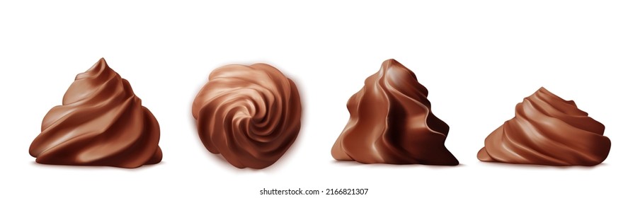 Whipped cream swirl or meringue top side view 3D vector. Custard, butter or vanilla creme for decoration cake, cupcake or muffin, realistic elements set isolated on background