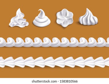 Whipped cream swirl shape topping and horizontal border line shape set isolated on brown background, white realistic dessert icing vector illustration