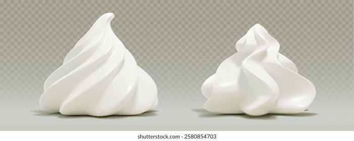 Redemoinhos de creme chicoteados em um fundo transparente. Ilustração realista vetorial de bolo 3d, torta, sobremesa ou decoração de cupcake, cobertura de mousse de baunilha doce, glacê cremoso branco, vista lateral