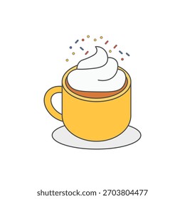 Ícone de cobertura de creme chicoteado mostrando uma xícara de café acolhedora com um redemoinho cremoso e polvilho. Ideal para temas de bebidas quentes, marca café e momentos de bebidas reconfortantes.