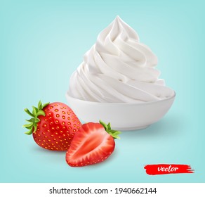 Crema batida con fresa entera y mitad fresa sobre fondo azul. 3d ilustración vectorial realista de crema batida con fresas.