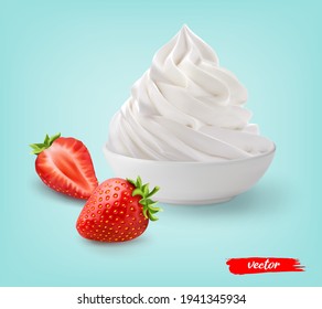 Crema batida con fresa entera y mitad fresa sobre fondo azul. 3d ilustración vectorial realista de crema batida con fresas.