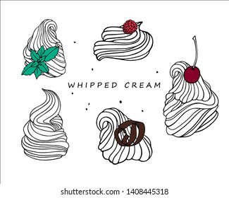 Whipped cream, yogurt, ice cream with cherry, raspberry, mint leaves and chocolate chips. A set of graphic hand drawn elements.