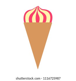 Whipped ice cream with jam in waffle cone. Vector illustration.
