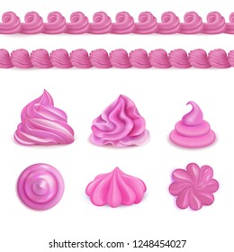 Whipped pink cream dessert decorations top side views realistic set with seamless border and swirls vector illustration