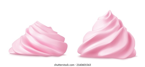 Whipped pink cream swirl or meringue side view 3D vector. Custard, butter or strawberry creme for decoration cake, cupcake or muffin, realistic elements set isolated on background