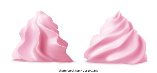 Whipped pink cream swirl or meringue side view 3D vector. Custard, butter or strawberry creme for decoration cake, cupcake or muffin, realistic elements set isolated on background