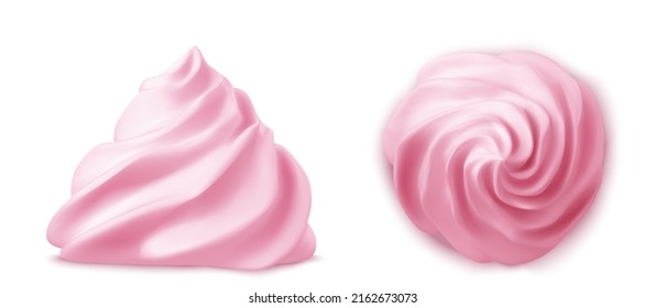 Whipped Pink Cream Swirl Or Meringue Top Side View 3D Vector. Custard, Butter Or Strawberry Creme For Decoration Cake, Cupcake Or Muffin, Realistic Elements Set Isolated On Background