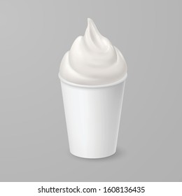 Whipped Soft Vanilla Ice Cream or Fresh Yogurt in White Cardboard Cup. Isolated Illustration on Gray Background