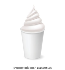 Whipped Vanilla Frozen Yogurt or Soft Ice Cream Mockup in White Paper Cup. Isolated Illustration on White Backdrop