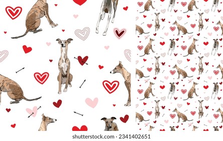 Whippet breed dogs with Valentine's day white hearts on a grey backgruond. Love doodles hearts with pets holiday texture. Square background, repeatable pattern. St Valentine's day wallpaper.