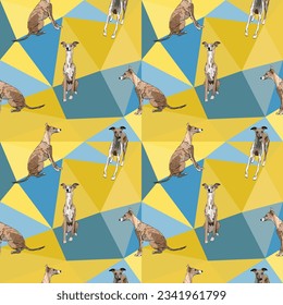 Whippet dogs on a mosaic geometric background. Funky, colorful vibe, vibrant colors palette. Simple, clean, modern texture. Geometric, polygon style. Summer seamless geometric pattern with dogs