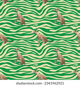 Whippet dogs pattern fabric. Elegant, soft seamless background, abstract background with dog shapes for Dog Lovers. Green and yellow zebra. Birthday present wrapping paper. Floral vintage graphic.