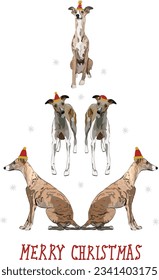 Whippet dogs wearing winter hats. Cute detailed illustration of dogs. Abstract Christmas tree. Merry Christmas greeting card with the cute funny sitting and standing dogs, winter holidays dog card.