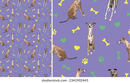 Whippet on a playful violet background with bones, hearts, and paws. Funky, colorful vibe, a vibrant palette. Simple, clean, modern texture. Summer seamless pattern with pets and dog related icons.