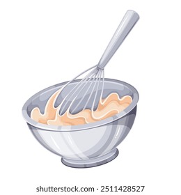 Whipping cartoon cake cream with metal whisk in bowl. Making whipped cream by pastry chef. Cooking process with utensils, confectionery mascot, cartoon sweet mousse preparation vector illustration