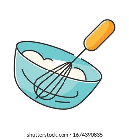 Whipping RGB color icon. Whipped cream preparation process, delicious dairy product. Sweet creamy dessert cooking. Bowl and whisk isolated vector illustration