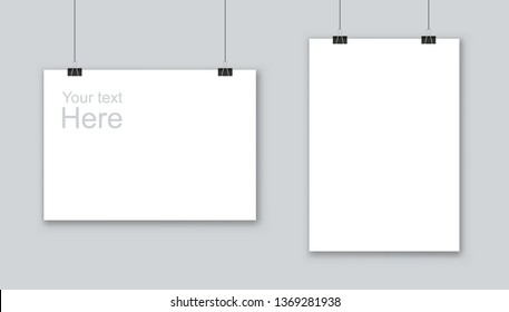 Whire poster mockup hanging on wall. Vector illustration