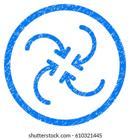 Whirl Arrows grainy textured icon inside circle for overlay watermark stamps. Flat symbol with dirty texture. Circled vector blue rubber seal stamp with grunge design.