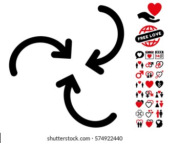 Whirl Arrows icon with bonus dating symbols. Vector illustration style is flat rounded iconic intensive red and black symbols on white background.