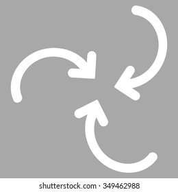 Whirl Arrows vector icon. Style is flat symbol, white color, rounded angles, silver background.
