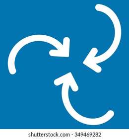 Whirl Arrows vector icon. Style is flat symbol, white color, rounded angles, blue background.