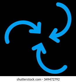 Whirl Arrows vector icon. Style is flat symbol, blue color, rounded angles, black background.