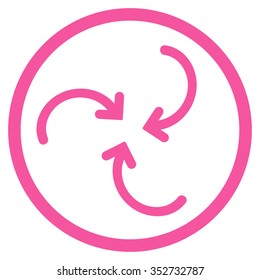 Whirl Arrows vector icon. Style is flat circled symbol, pink color, rounded angles, white background.