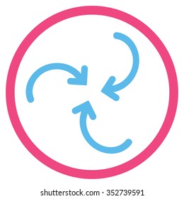 Whirl Arrows vector icon. Style is bicolor flat circled symbol, pink and blue colors, rounded angles, white background.