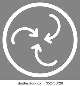 Whirl Arrows vector icon. Style is flat circled symbol, white color, rounded angles, gray background.