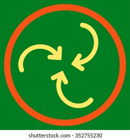 Whirl Arrows vector icon. Style is bicolor flat circled symbol, orange and yellow colors, rounded angles, green background.