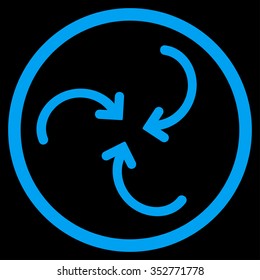 Whirl Arrows vector icon. Style is flat circled symbol, blue color, rounded angles, black background.