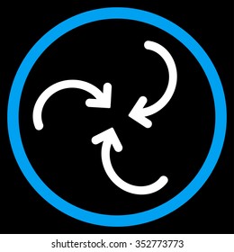 Whirl Arrows vector icon. Style is bicolor flat circled symbol, blue and white colors, rounded angles, black background.