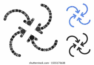 Whirl collapse arrows mosaic of circle elements in different sizes and color tints, based on whirl collapse arrows icon. Vector circle elements are organized into blue mosaic.