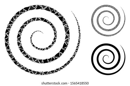 Whirl mosaic of uneven items in different sizes and color tones, based on whirl icon. Vector uneven parts are composed into mosaic. Whirl icons collage with dotted pattern.
