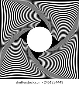 Whirl Rotating Motion and 3D Illusion in Abstract Op Art Design. Striped Lines Pattern. Vector Illustration.
