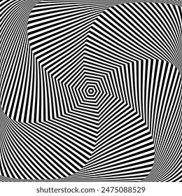 Whirl Rotating Motion and 3D Illusion in Abstract Op Art Design. Striped Lines Black and White Pattern. Vector Illustration.