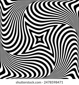 Whirl Rotating Motion and 3D Illusion in Abstract Op Art Design. Striped Lines Black and White Pattern. Vector Illustration.