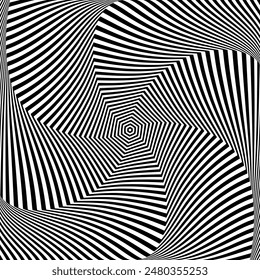 Whirl Rotating Motion and 3D Illusion in Abstract Op Art Design. Striped Lines Black and White Pattern. Vector Illustration.