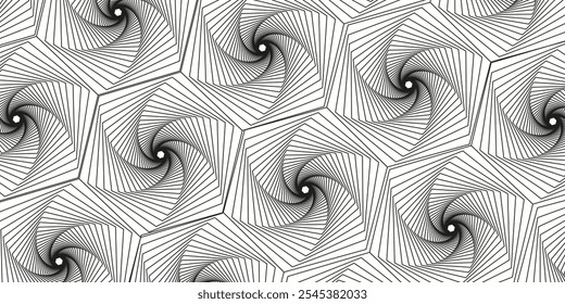 Whirl Rotating Motion and 3D Illusion in Abstract Op Art Design. Striped Lines Black and White Pattern. Vector Illustration.