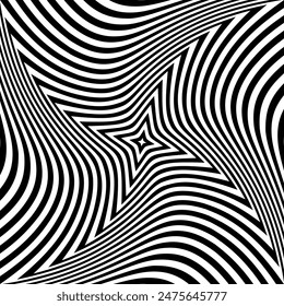 Whirl Rotating Motion in Abstract Op Art Design. Striped Lines Black and White Pattern. Vector Illustration.