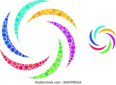 Whirl rotation vector mosaic of small circles in various sizes and color shades. Small circles are grouped into whirl rotation vector collage. Abstract vector illustration.
