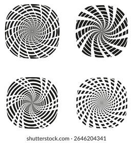 Padrão de espiral giratória. Design de torção preta. Ilustração de vórtice geométrico. Arte dinâmica vetorial.
