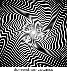 Whirl Twisting Motion Illusion in Abstract Op Art Pattern. 3D Effect. Wavy Lines Texture. Vector Illustration.