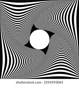 Whirl Vortex Motion and 3D Illusion in Abstract Op Art Design. Striped Lines Pattern. Copy space in Center. Vector Illustration.
