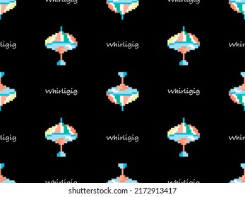 Whirligig cartoon character seamless pattern on black background. Pixel style