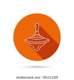 Whirligig icon. Baby toy sign. Spinning top symbol. Round orange web button with shadow.