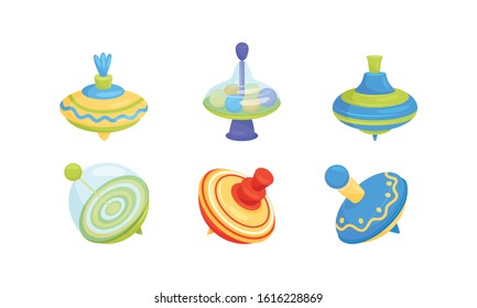 Whirligig Toy Vector Set. Colorful Childish Pegtop Collection